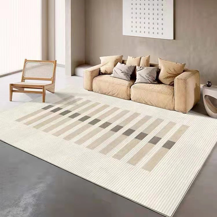 Modern Striped Area Rug, cream woven textile with linear pattern in beige and gray tones