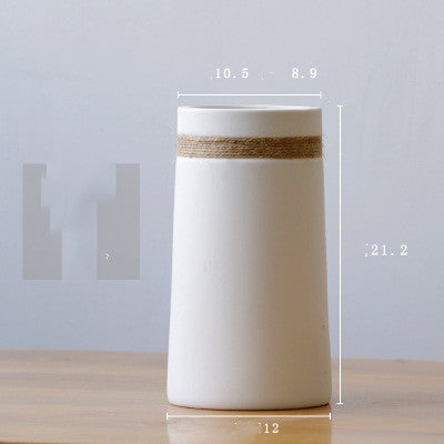 Minimal Rope Accent Vase, matte white ceramic with tapered silhouette and natural jute band detail