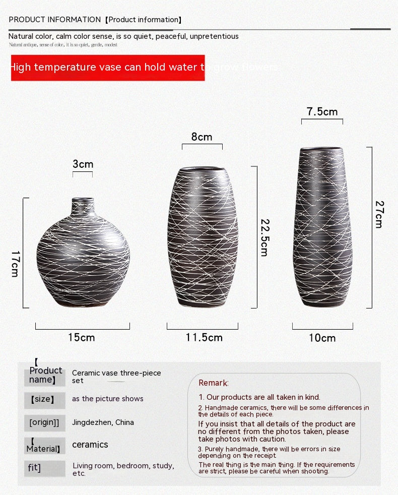 Ceramic vase set with dimensions and product information on a white background