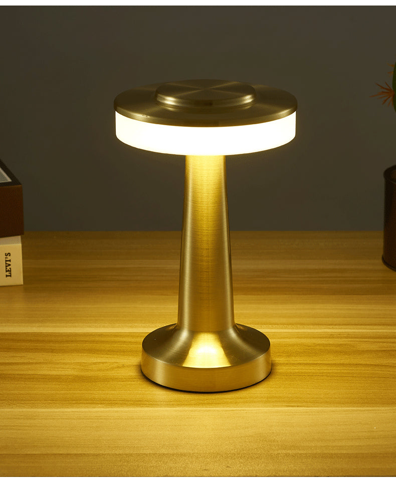 Modern LED Mushroom Table Lamp, brushed gold finish with ambient ring light and cordless minimalist design