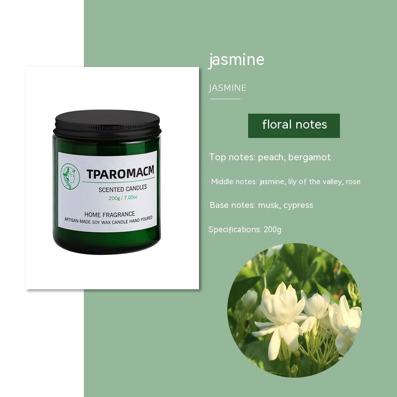 Jasmine Soy Scented Candle, 200g green glass jar with floral fragrance notes and clean, long-lasting home ambiance