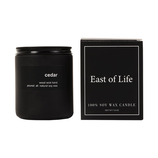 Cedar Soy Wax Candle, minimalist black jar with wood wick and natural long-lasting fragrance for a refined home ambiance