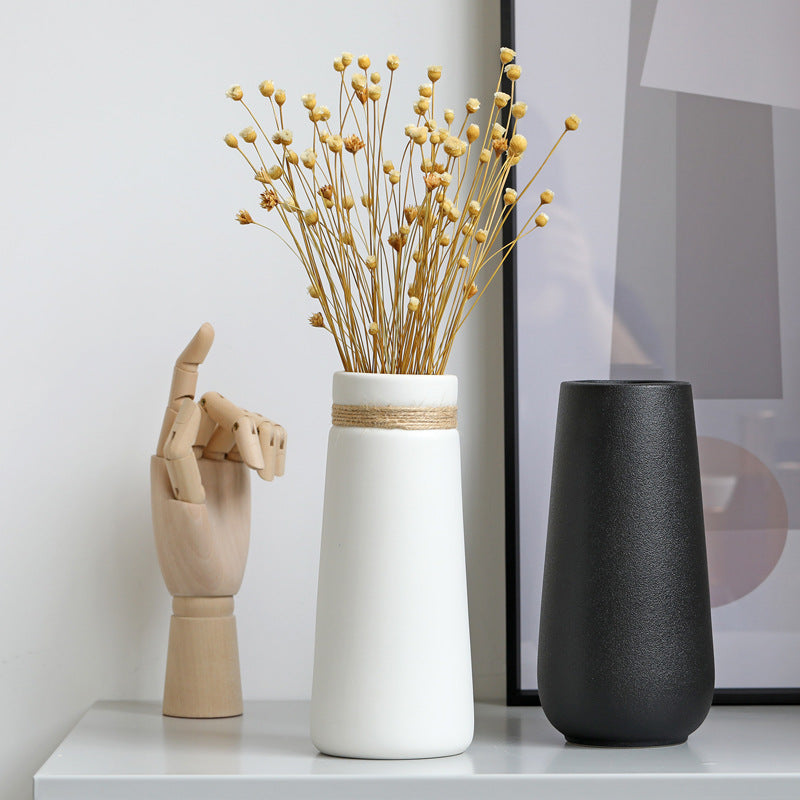 Minimal Rope Accent Vase, matte white ceramic with tapered silhouette and natural jute band detail
