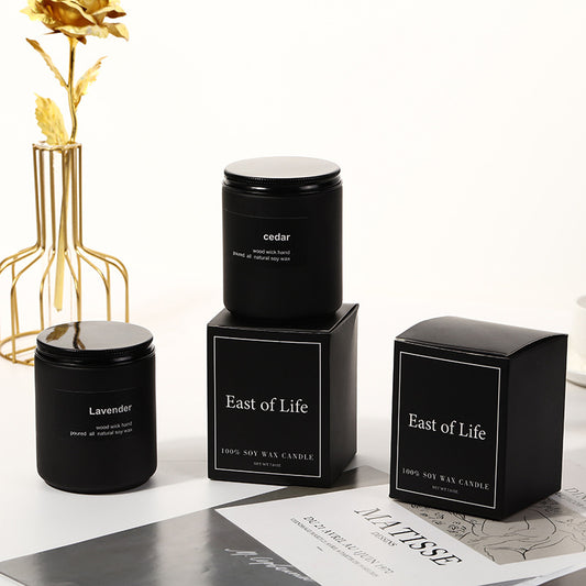 Luxury Black Soy Wax Candle Set, minimalist matte jars with cedar and lavender scents for elegant, long-lasting home fragrance ambiance