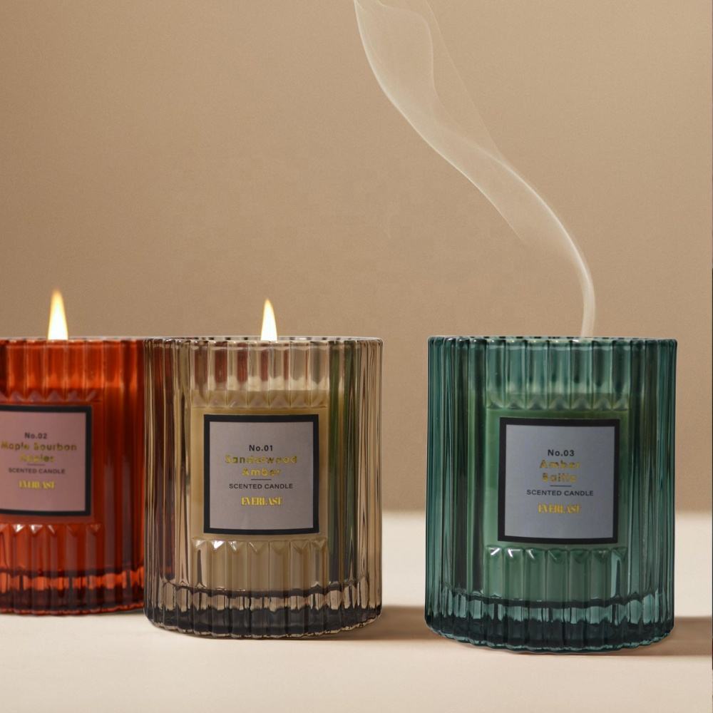 Luxury Ribbed Glass Scented Candle Set, elegant colored jars with warm fragrance and long-lasting aromatherapy ambiance