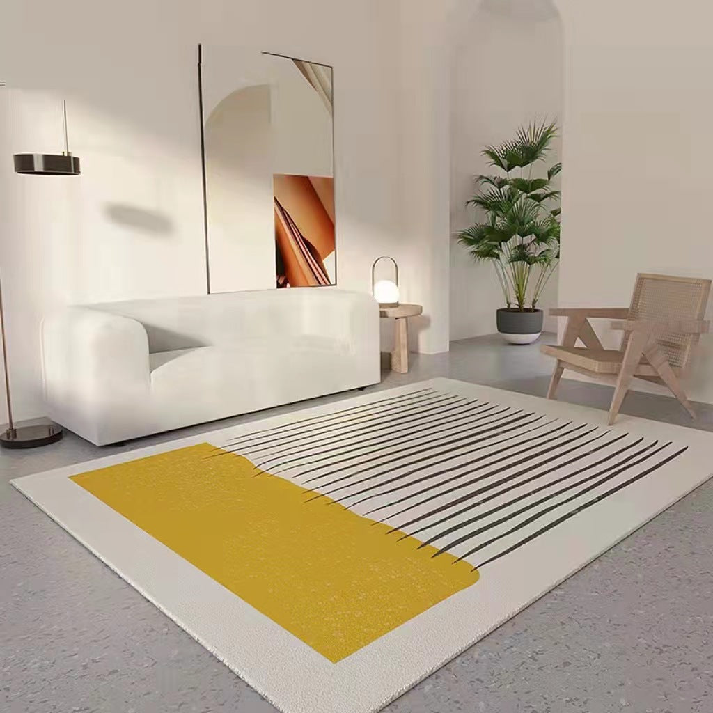 Modern Linear Area Rug, cream woven textile with black striped pattern and bold mustard yellow block