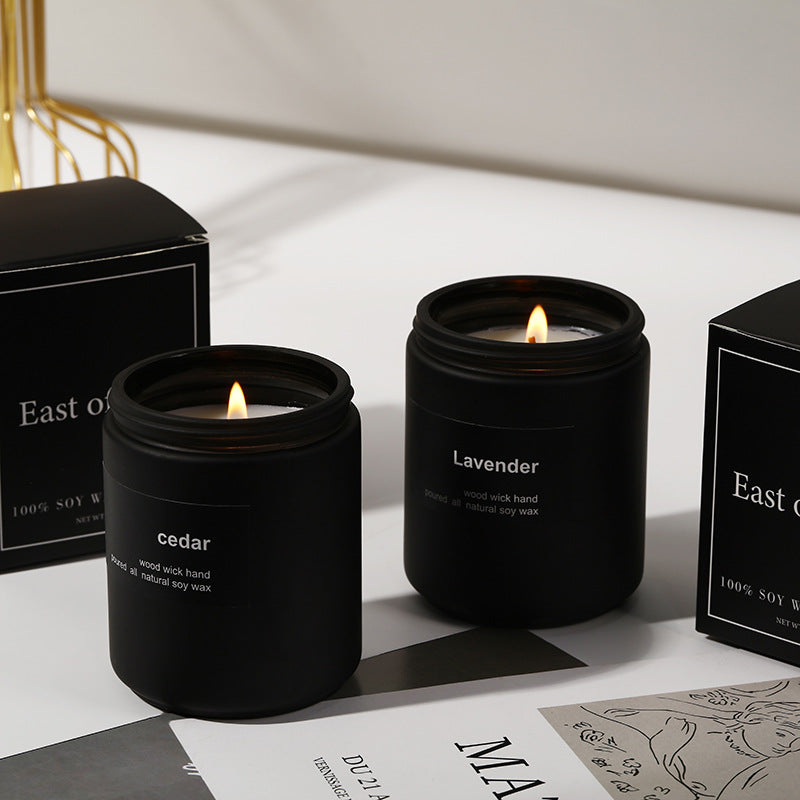 Minimalist Black Soy Wax Candle Set, cedar and lavender scents with wood wick for a clean, long-lasting and cozy home ambiance