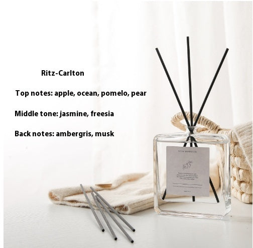 Luxury Glass Reed Diffuser, clear square bottle with black reed sticks and fresh aquatic fruit fragrance for a clean, elegant and long-lasting home scent