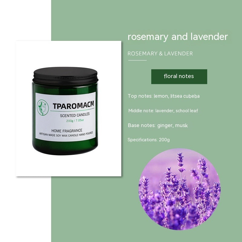 Rosemary & Lavender Soy Scented Candle, 200g green glass jar with herbal floral fragrance and clean, long-lasting home ambiance