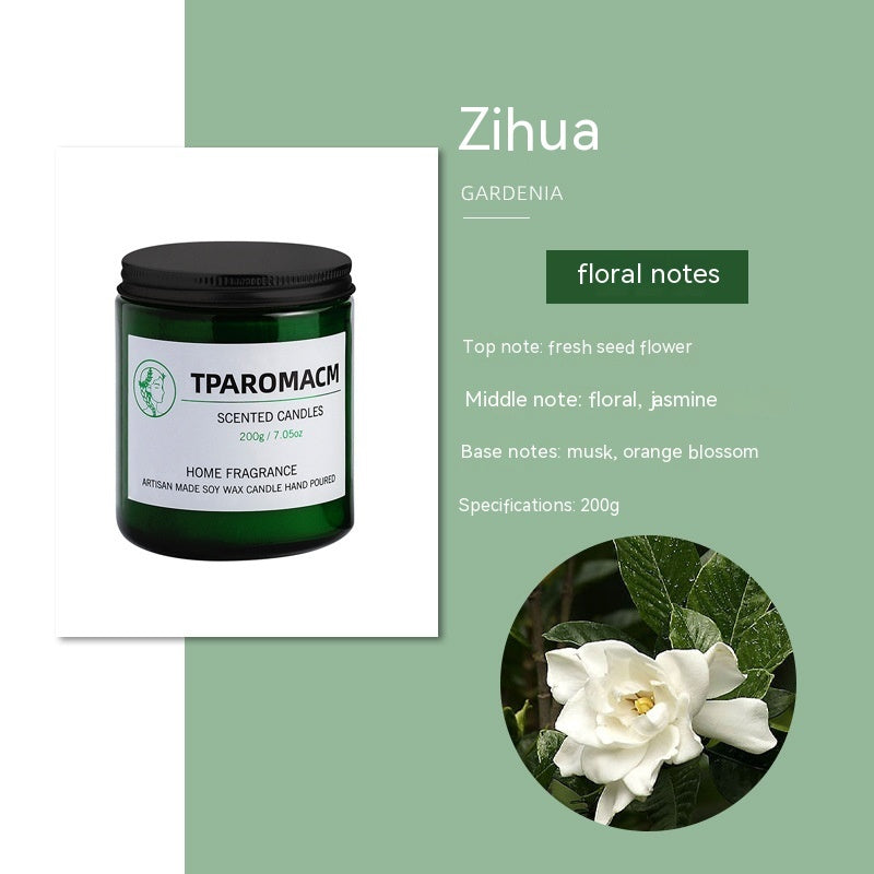 Gardenia Soy Scented Candle, 200g green glass jar with soft floral fragrance and clean, long-lasting home ambiance