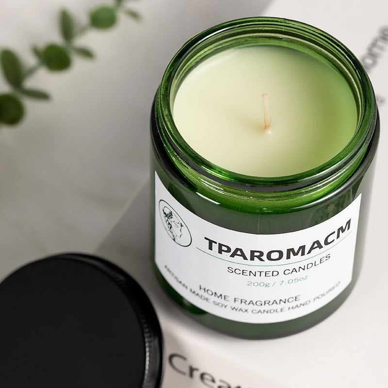 Green Glass Soy Scented Candle, 200g hand-poured jar with clean burn and soothing home fragrance aroma