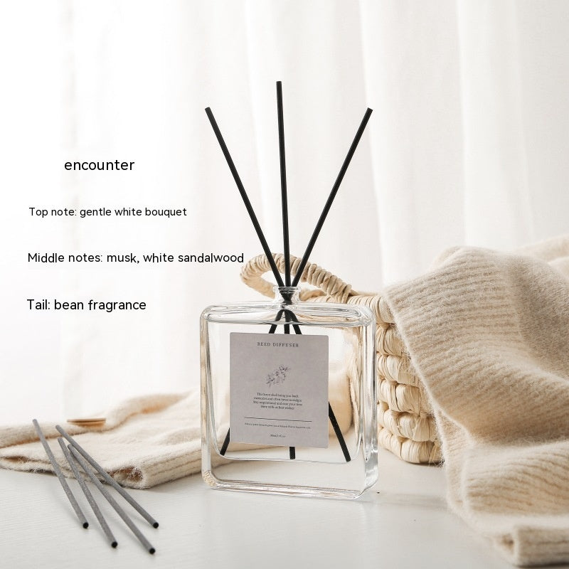 Luxury Glass Reed Diffuser, clear square bottle with black reed sticks and soft floral fragrance notes for a clean, elegant and long-lasting home ambiance