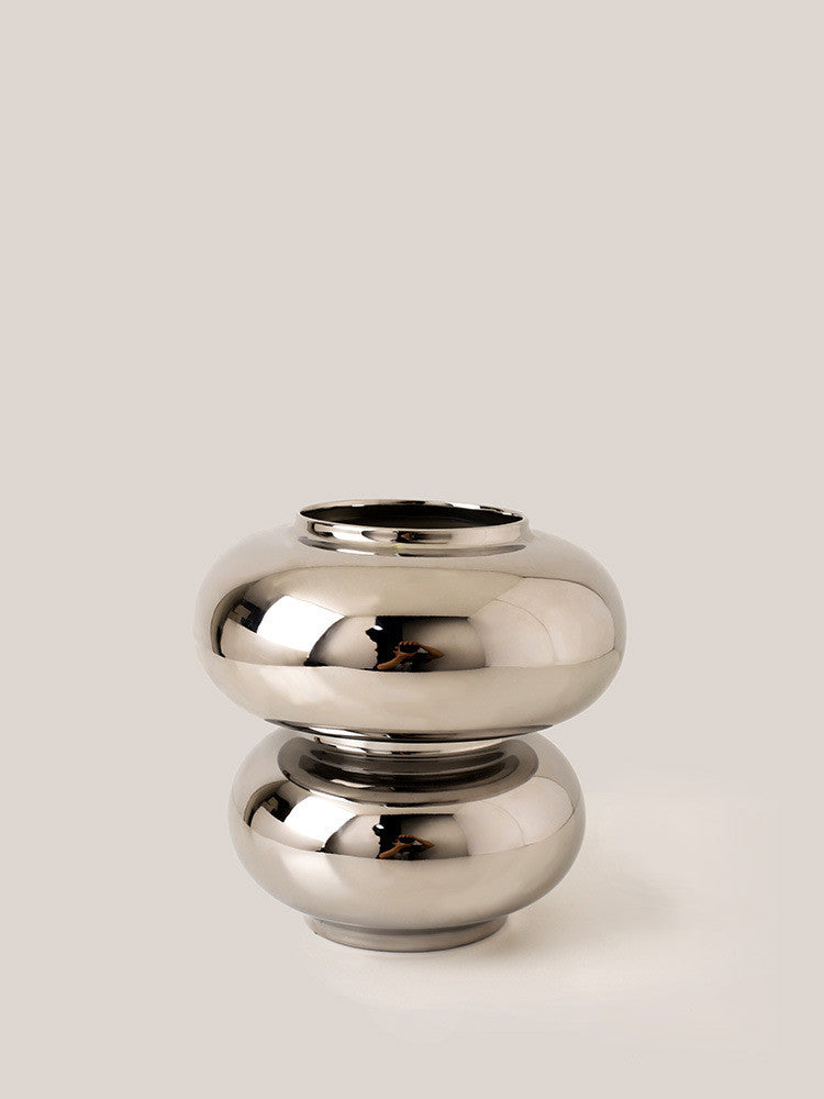 Double Orb Vase, reflective chrome-finish ceramic with rounded stacked silhouette