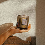 Luxury Ribbed Glass Scented Candle, amber jar design with warm glow and long-lasting fragrance for cozy home ambiance