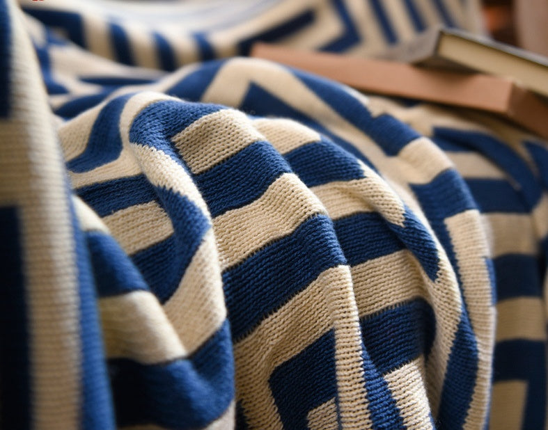 Geometric Knit Throw Blanket, blue and cream Greek key pattern with soft textured weave