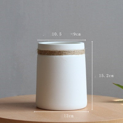 Minimal Rope Accent Vase, matte white ceramic with tapered cylindrical form and natural jute band detail