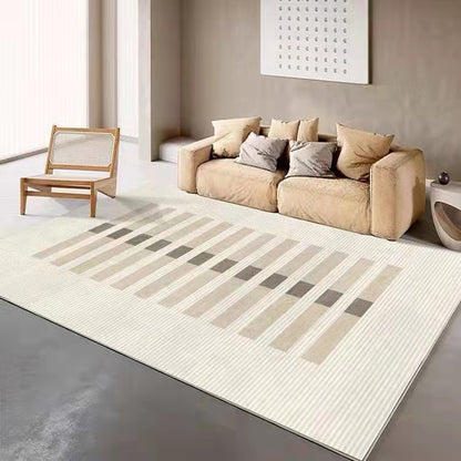 Modern Striped Area Rug, cream woven textile with linear pattern in beige and gray tones