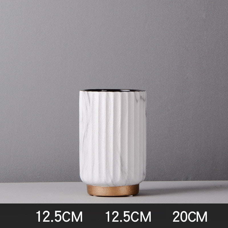 Small Fluted Marble Vase, white marble with vertical ribbed texture and cylindrical form on wood base