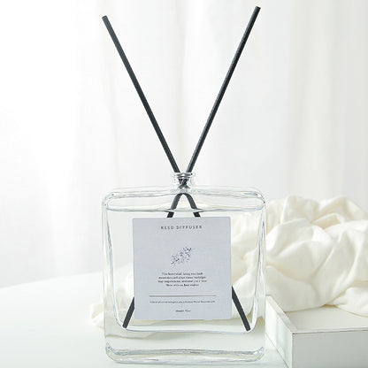 Minimalist Glass Reed Diffuser, clear square aromatherapy bottle with black reed sticks for clean, modern and long-lasting home fragrance