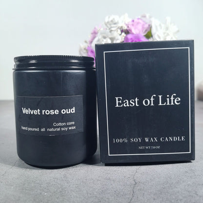 Velvet Rose Oud Soy Wax Candle, minimalist black jar with cotton wick and rich floral woody fragrance for a clean, long-lasting home ambiance