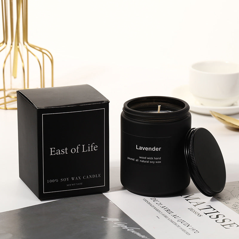 Lavender Soy Wax Candle, minimalist black jar with wood wick and calming floral fragrance for a clean, long-lasting home ambiance