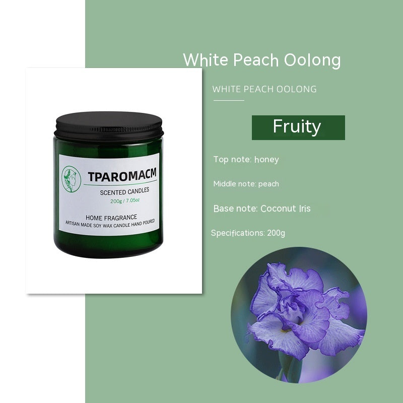 White Peach Oolong Soy Scented Candle, 200g green glass jar with fruity fragrance notes and clean, long-lasting home ambiance
