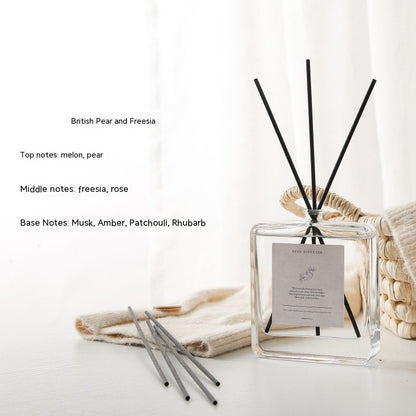 Luxury Glass Reed Diffuser, clear square bottle with black reed sticks and pear freesia fragrance notes for a fresh, elegant and long-lasting home scent