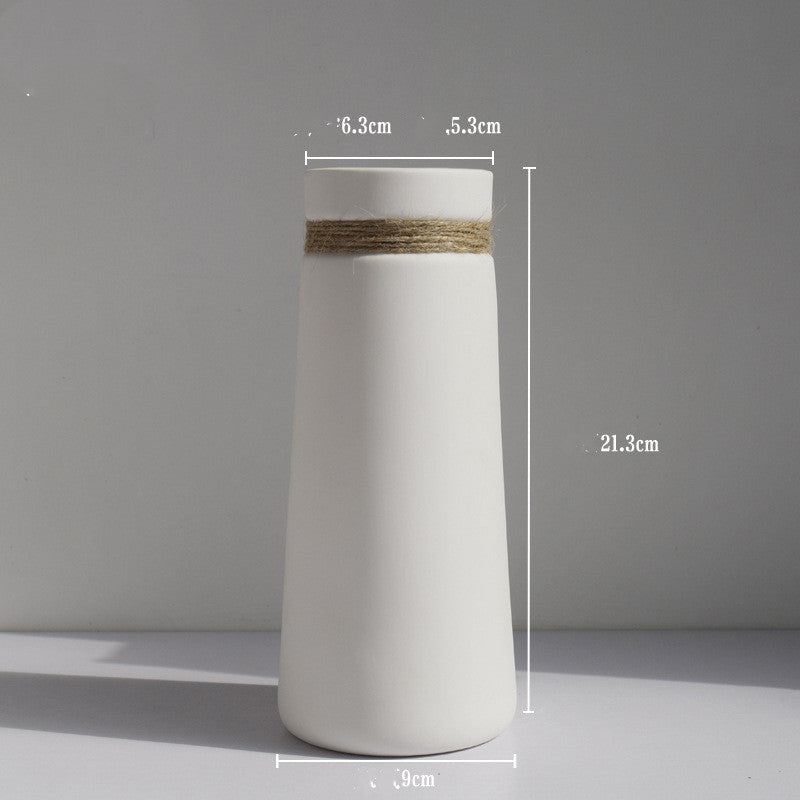 Minimal Rope Accent Vase, matte white ceramic with tapered silhouette and natural jute band detail