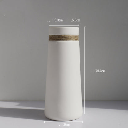 Minimal Rope Accent Vase, matte white ceramic with tapered silhouette and natural jute band detail