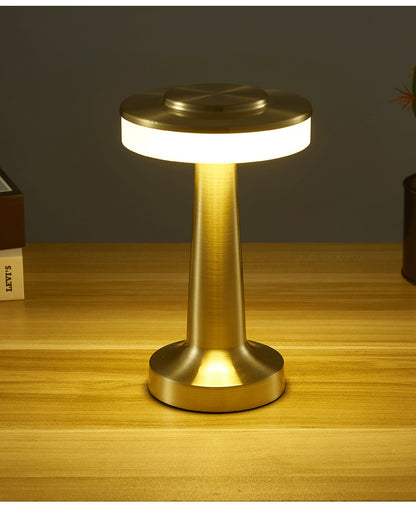 Modern LED Mushroom Table Lamp, brushed gold finish with ambient ring light and cordless minimalist design