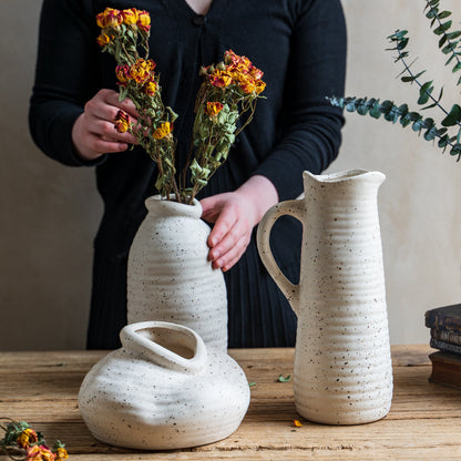 Speckled Ceramic Vase Set, textured off-white stoneware with organic hand-formed shapes including pitcher and sculptural vessels