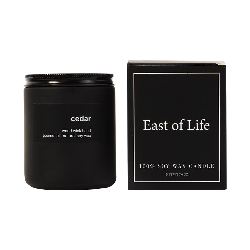 Cedar Soy Wax Candle, minimalist black jar with wood wick and natural long-lasting fragrance for a refined home ambiance