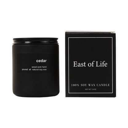 Cedar Soy Wax Candle, minimalist black jar with wood wick and natural long-lasting fragrance for a refined home ambiance