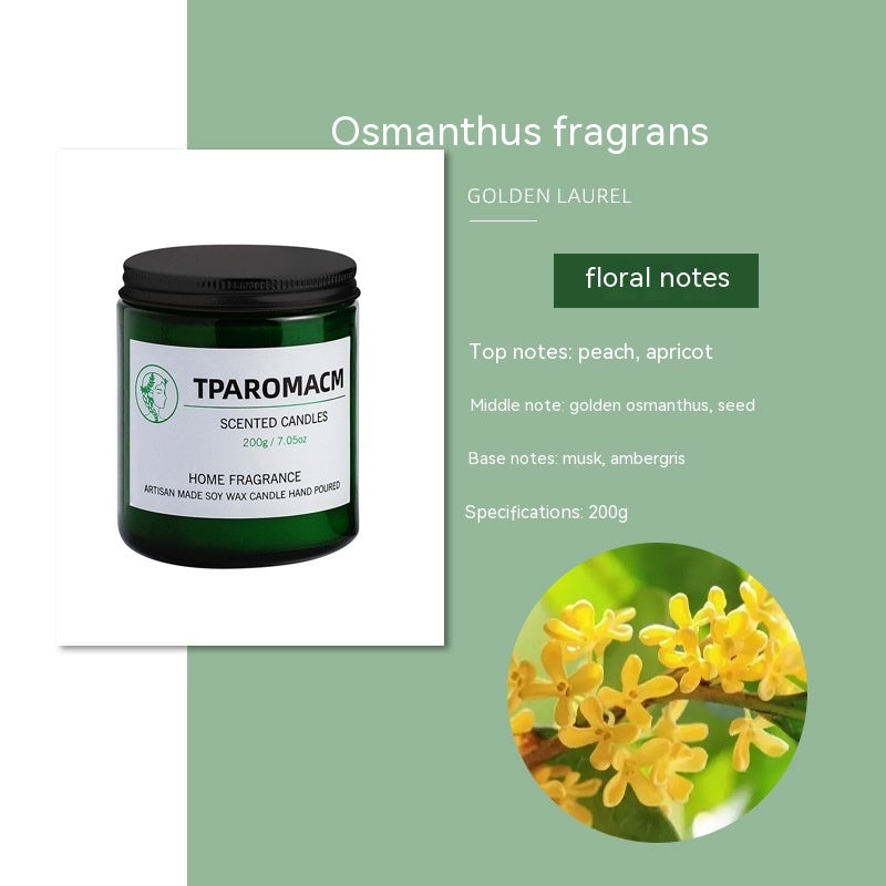 Osmanthus Soy Scented Candle, 200g green glass jar with floral fragrance notes and clean, long-lasting home ambiance