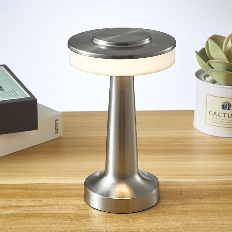 Modern LED Mushroom Table Lamp, brushed silver finish with ambient ring light and cordless minimalist design
