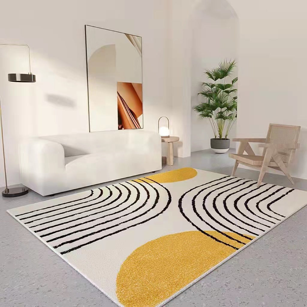 Modern Abstract Area Rug, cream woven textile with black curved line pattern and mustard yellow accents
