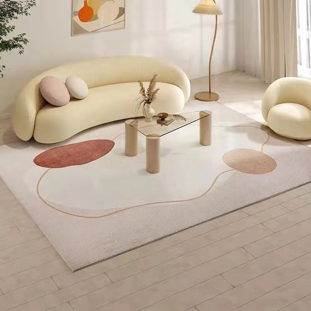 Abstract Soft Tone Area Rug, textured cream woven textile with organic curves and muted red and blush accents