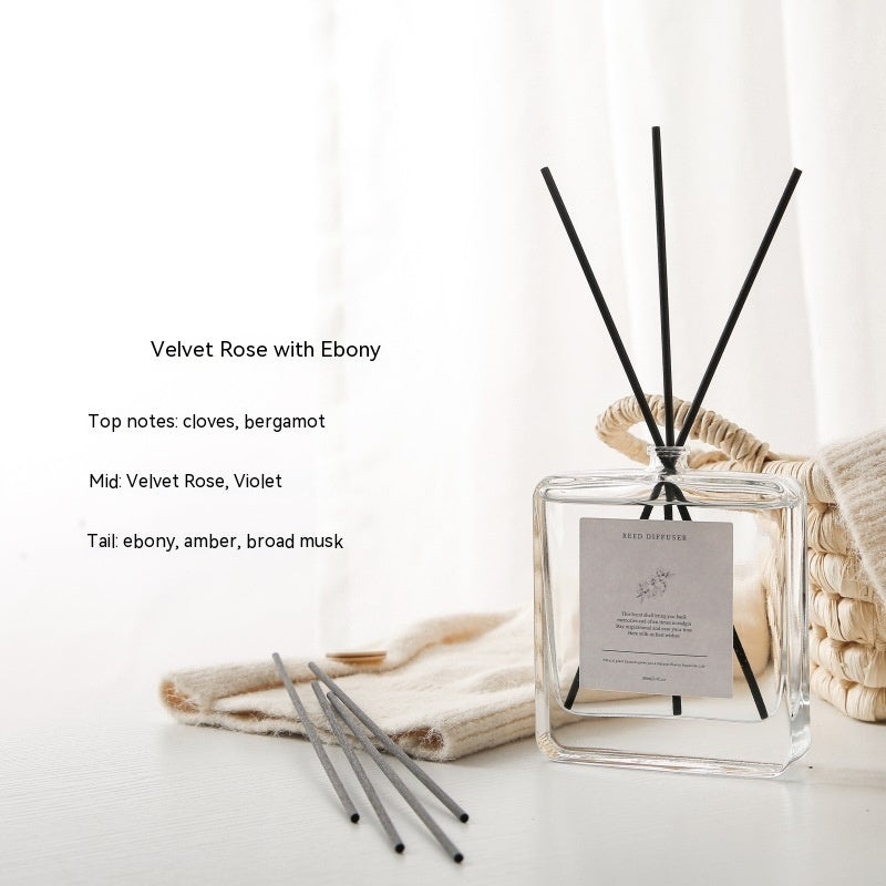 Luxury Glass Reed Diffuser, clear square bottle with black reed sticks and velvet rose ebony fragrance for a rich, elegant and long-lasting home scent