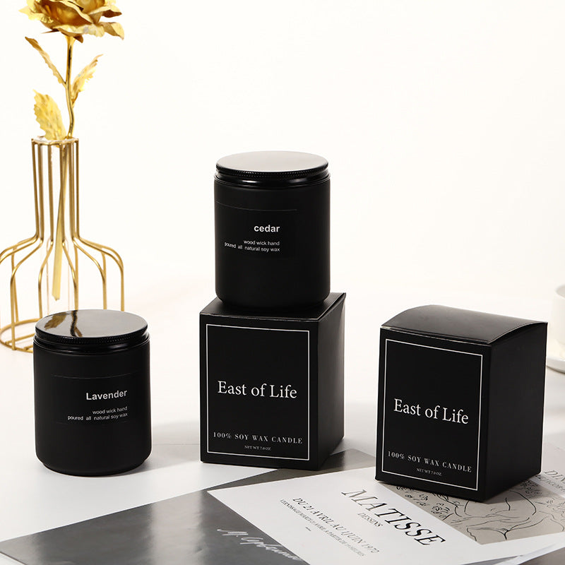 Luxury Black Soy Wax Candle Set, minimalist matte jars with cedar and lavender scents for elegant, long-lasting home fragrance ambiance