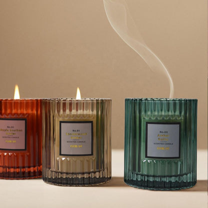 Luxury Ribbed Glass Scented Candle Set, elegant colored jars with warm fragrance and long-lasting aromatherapy ambiance