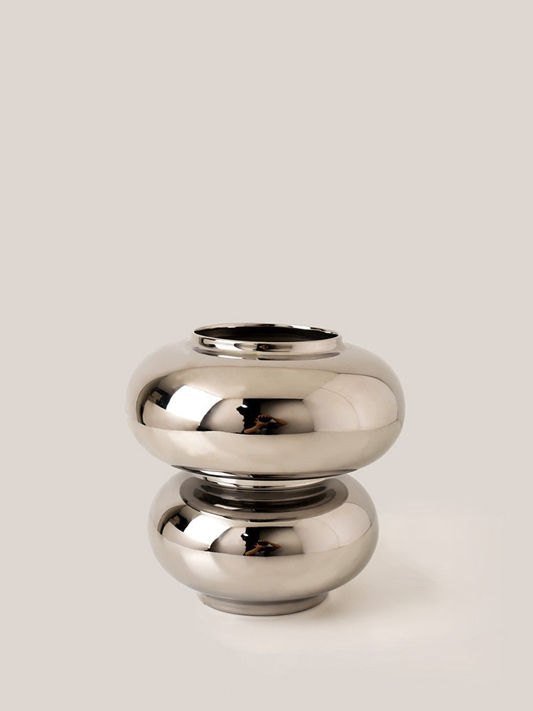 Double Orb Vase, reflective chrome-finish ceramic with smooth rounded stacked form