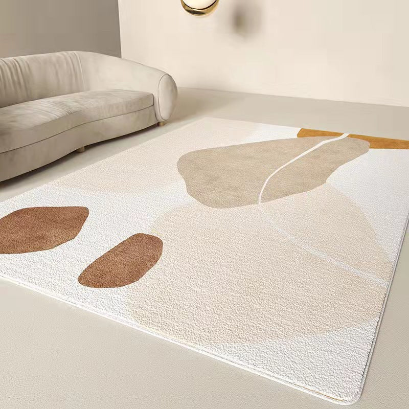 Abstract Neutral Area Rug, textured cream woven textile with organic shapes in beige and warm brown tones