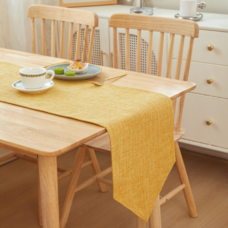 Textured Linen Table Runner, mustard yellow woven fabric with subtle crosshatch pattern and soft drape