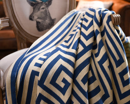 Geometric Knit Throw Blanket, blue and cream Greek key pattern with bold maze design and soft textured weave