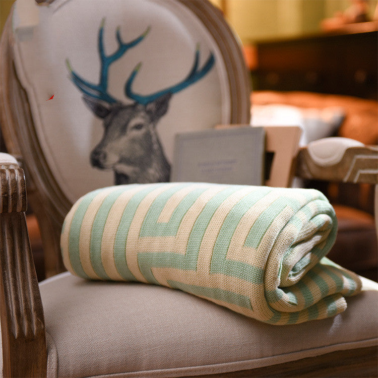 Geometric Knit Throw Blanket, mint green and cream Greek key pattern with striped border and soft textured weave
