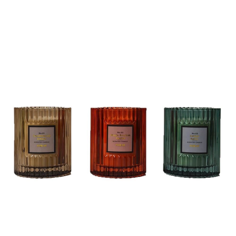 Luxury Ribbed Glass Scented Candle Set, three elegant jars with rich fragrances and long-lasting burn time for stylish home ambiance