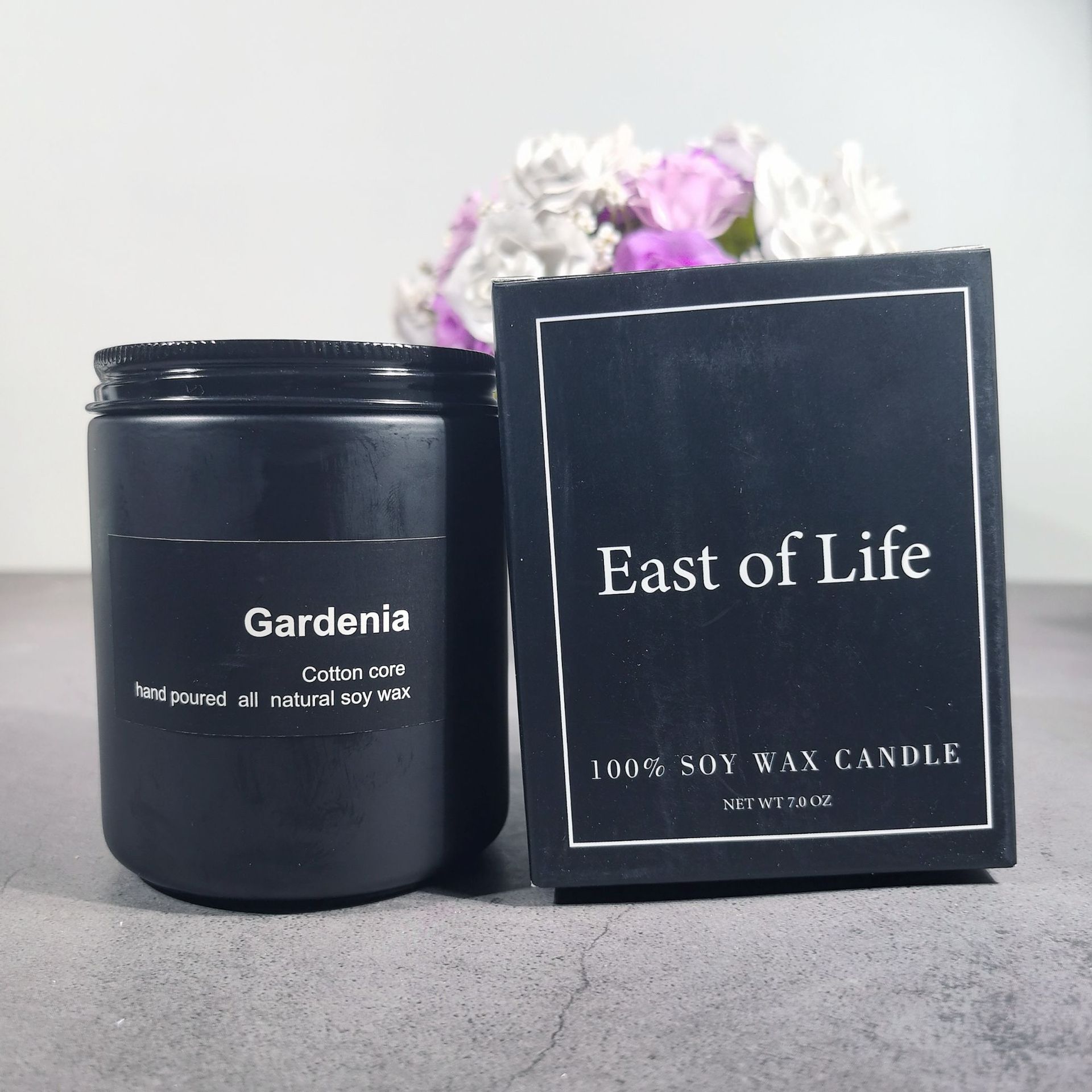 Gardenia Soy Wax Candle, minimalist black jar with cotton wick and soft floral fragrance for a clean, long-lasting home ambiance