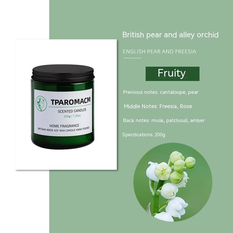English Pear & Freesia Soy Scented Candle, 200g green glass jar with fruity floral fragrance and clean, long-lasting home ambiance