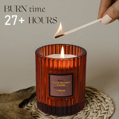 Luxury Ribbed Glass Scented Candle, amber jar with maple bourbon apple fragrance and long-lasting 27+ hour burn time for cozy home ambiance