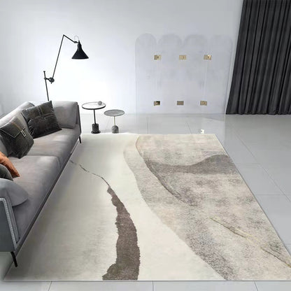 Abstract Landscape Area Rug, neutral-toned woven textile with organic flowing pattern in beige, taupe, and gray
